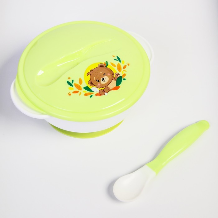 Набор детской посуды «Друзья», 3 предмета: тарелка на присоске, крышка, ложка, цвет зелёный - фото 1887825443