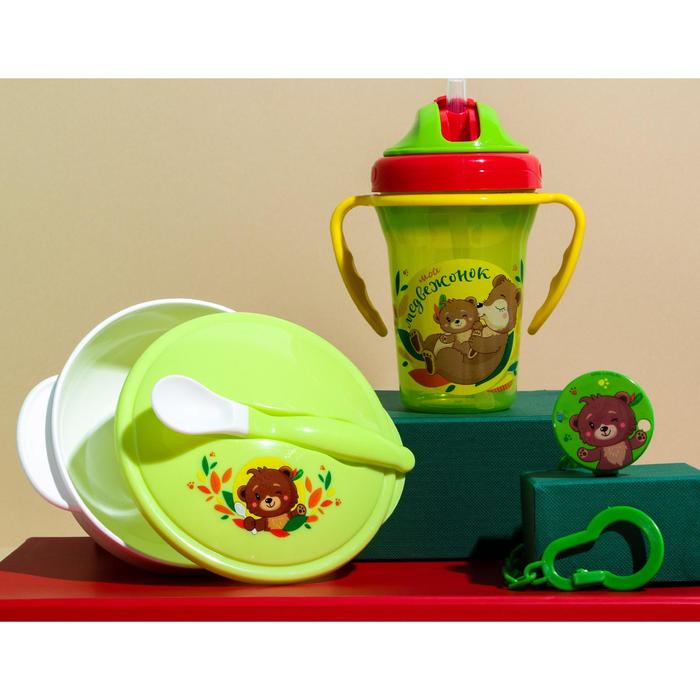 Набор детской посуды «Друзья», 3 предмета: тарелка на присоске, крышка, ложка, цвет зелёный - фото 1906959730
