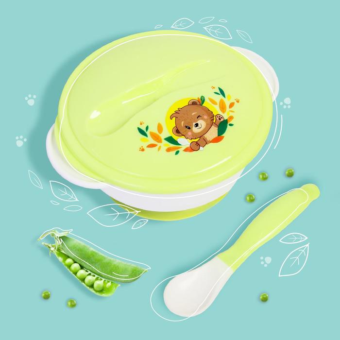 Набор детской посуды «Друзья», 3 предмета: тарелка на присоске, крышка, ложка, цвет зелёный - Фото 1