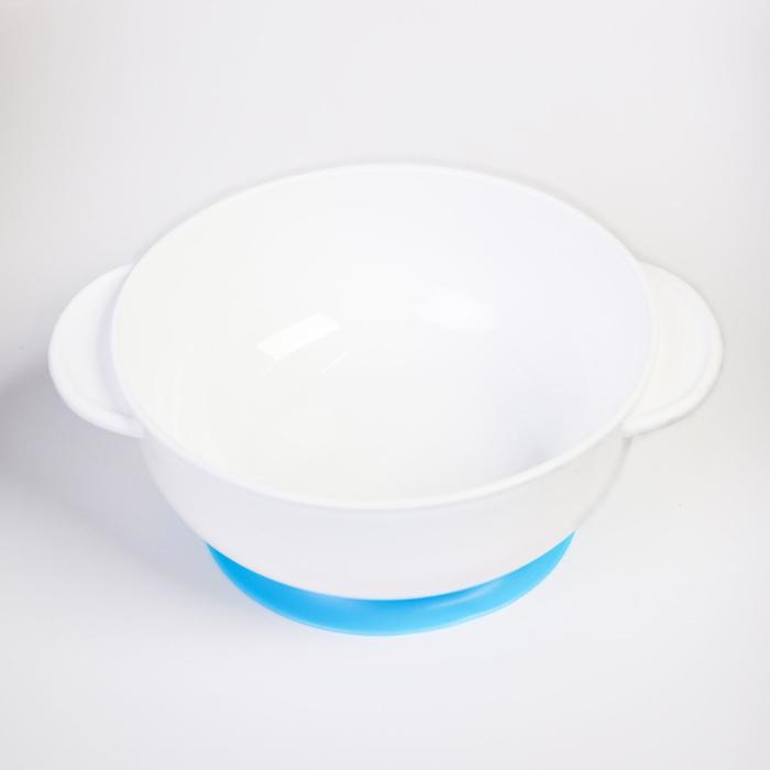 Набор детской посуды «Счастливый малыш», 3 предмета: тарелка на присоске, крышка, ложка, цвет голубой - фото 1927421023