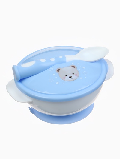 Тарелка на присоске из силикона M&B «Сладкий малыш», в наборе крышка, ложка, голубой