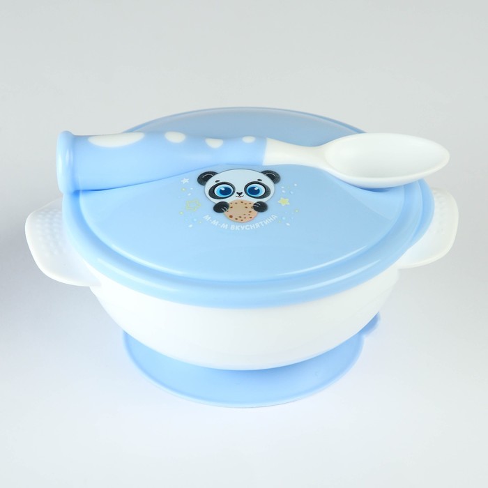 Набор детской посуды «Сладкий малыш», 3 предмета: тарелка на присоске, крышка, ложка, цвет голубой - Фото 1