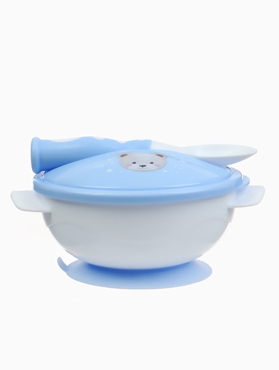 Тарелка на присоске из силикона M&B «Сладкий малыш», в наборе крышка, ложка, голубой