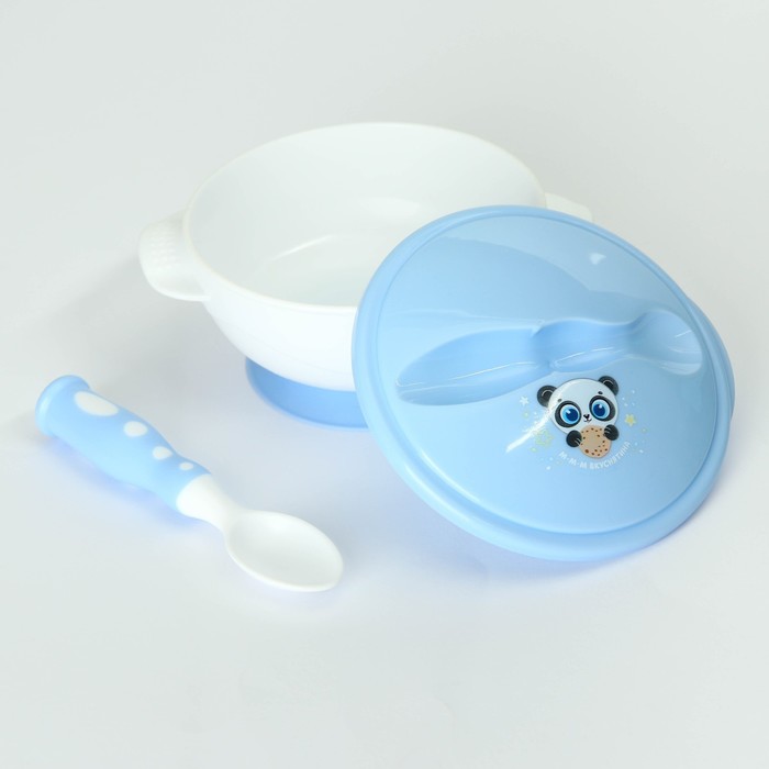 Набор детской посуды «Сладкий малыш», 3 предмета: тарелка на присоске, крышка, ложка, цвет голубой - фото 1889307283