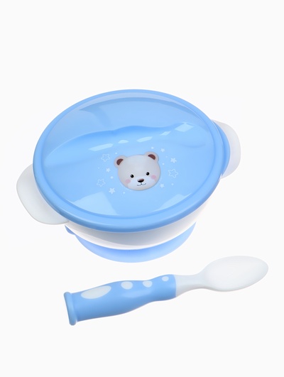 Тарелка на присоске из силикона M&B «Сладкий малыш», в наборе крышка, ложка, голубой