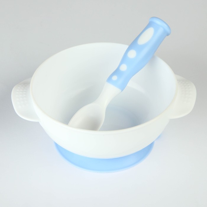 Набор детской посуды «Сладкий малыш», 3 предмета: тарелка на присоске, крышка, ложка, цвет голубой - фото 1889307284