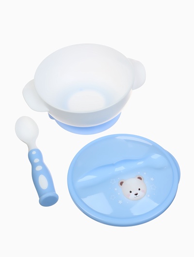 Тарелка на присоске из силикона M&B «Сладкий малыш», в наборе крышка, ложка, голубой