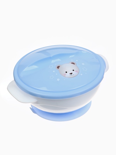 Тарелка на присоске из силикона M&B «Сладкий малыш», в наборе крышка, ложка, голубой