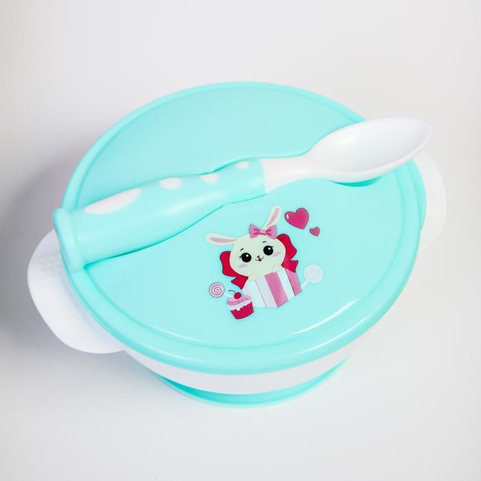 Набор детской посуды «Зайчик», 3 предмета: тарелка на присоске, крышка, ложка, цвет бирюзовый - фото 1927421048
