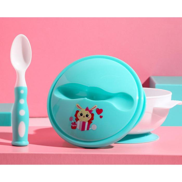 Набор детской посуды «Зайчик», 3 предмета: тарелка на присоске, крышка, ложка, цвет бирюзовый - Фото 1