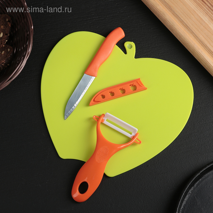 Набор кухонный, 3 предмета: нож лезвие 8 см, овощечистка 5 см, доска, цвет МИКС - Фото 1