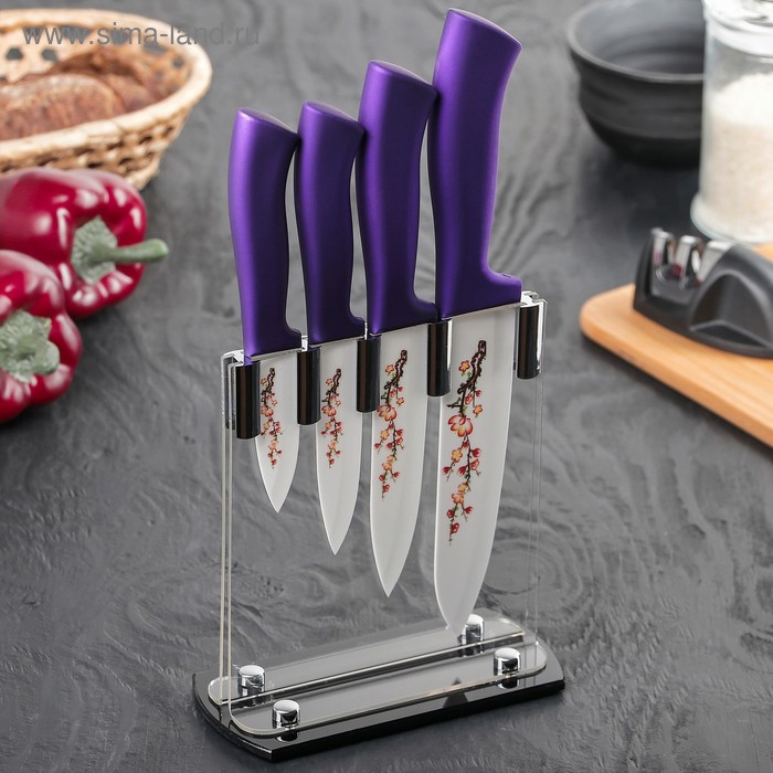 Набор керамических ножей «Сакура», 4 предмета: лезвие 7 см, 9,5 см, 12,5 см, 15 см - Фото 1