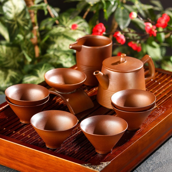 Набор для чайной церемонии керамический «Кафей», 9 предметов: 6 пиал 70 мл, чайник 300 мл, чахай 260 мл, фильтр с подставкой, цвет коричневый - Фото 1