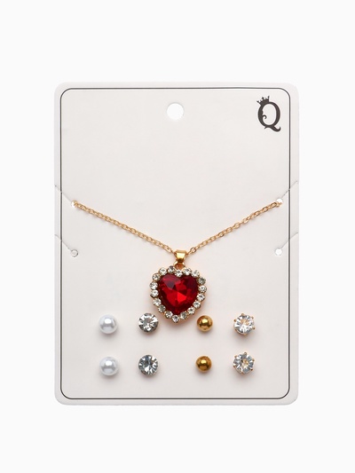 Гарнитур 5 предметов: 4 пары пусет, кулон «Сердечко», цвет бело-красный в золоте, 40 см