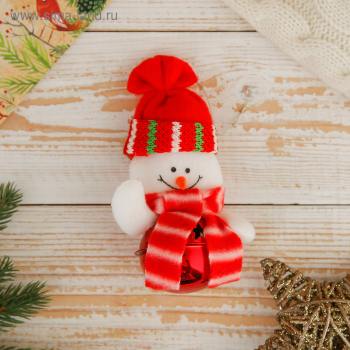 Мягкая подвеска "Снеговик в шапочке - бубенчик" 11*7 см красный - Фото 1