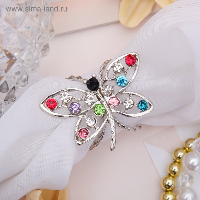 Кольцо для платка «Стрекозка» цветное в серебре - Фото 1