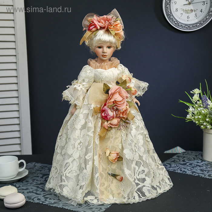 Кукла-светильник коллекционная керамика "Барышня Анастасия в платье с цветами" 45 см - Фото 1