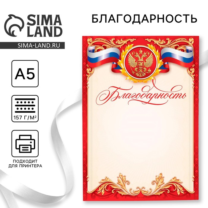 Благодарность А5 символика РФ, 157 г/м² - Фото 1