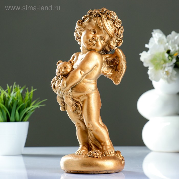 Фигура "Ангел с медвеженком" бронза 12х12х31см - Фото 1