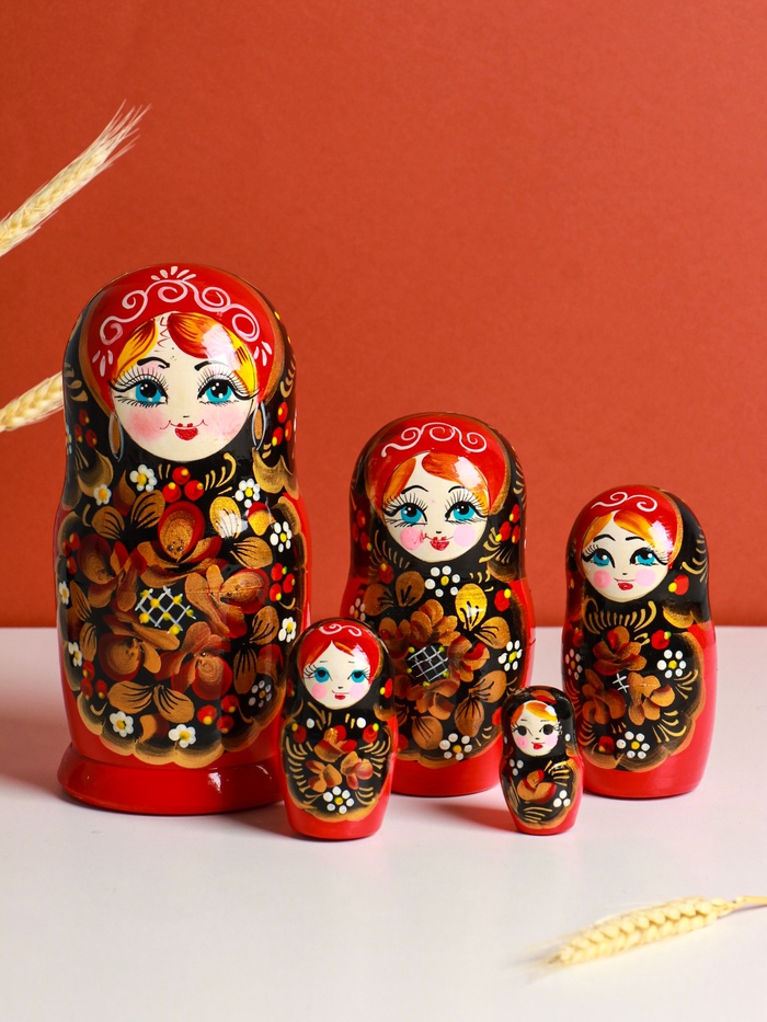 Матрёшка дерево «Рябинка», чёрный платок, 5 кукольная, 18 см - Фото 1