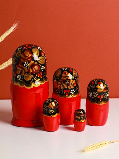 Матрёшка «Рябинка», чёрный платок, 5 кукольная, 18 см