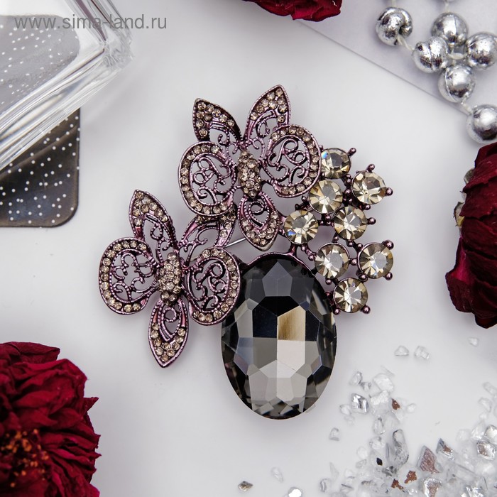 Брошь «Цветы» орхидеи со стеклом, цветная в сером металле - Фото 1