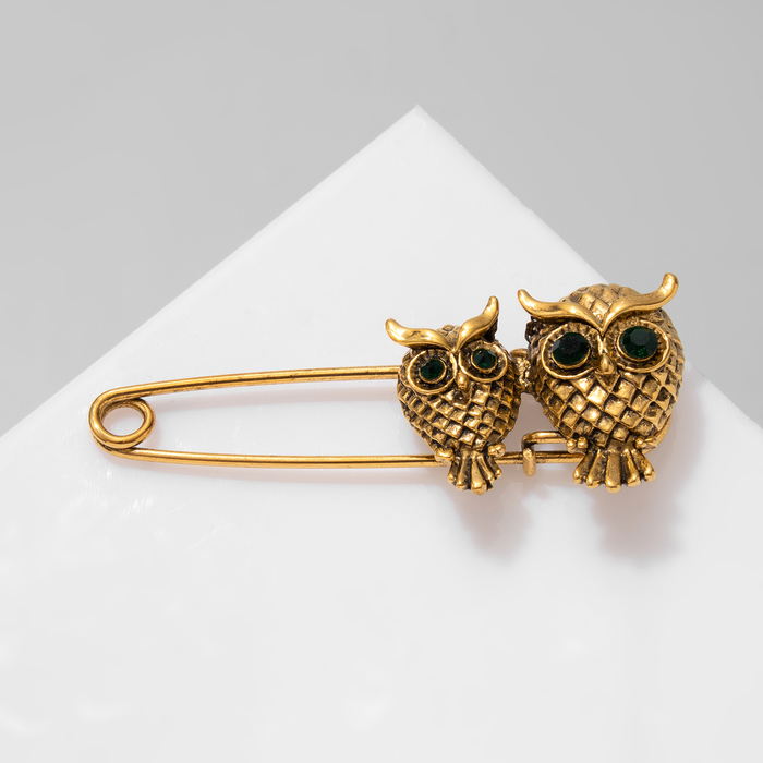 Булавка «Совы» пара, 7 см, зелёная в чернёном золоте - Фото 1