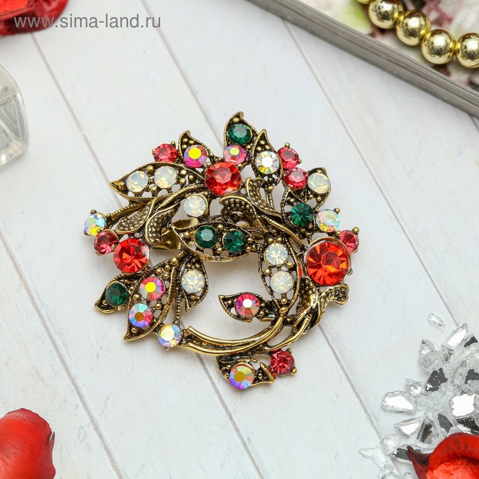 Брошь «Цветов букет» венок, цветная в чернёном золоте - Фото 1