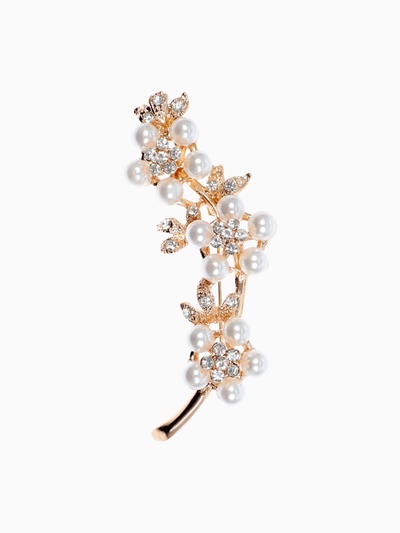 Брошь «Цветочное трио» жемчуг, цвет белый в золоте