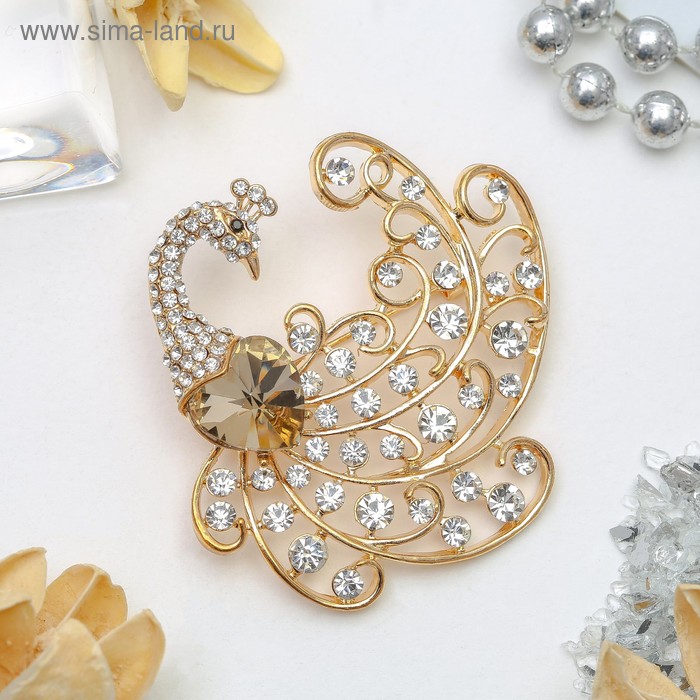 Брошь «Павлин» королевский, цвет бело-золотой в золоте - Фото 1
