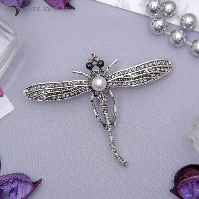 Брошь «Стрекоза» моно, цвет серый в черненом серебре - Фото 1