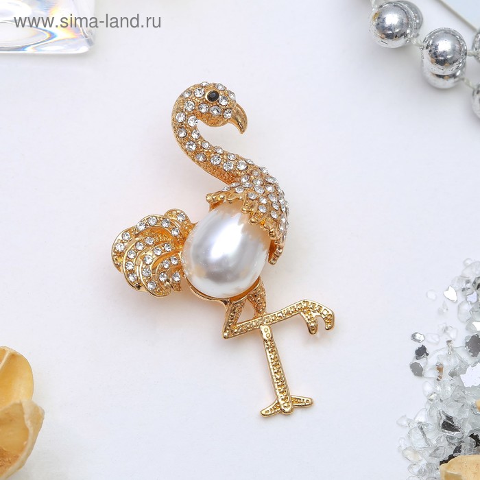 Брошь «Фламинго» жемчужное крыло, цвет белый в золоте - Фото 1