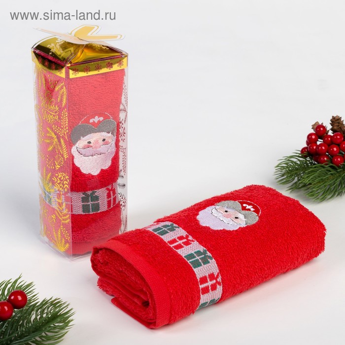 Полотенце махровое с вышивкой "Дед Мороз" 30х70см, 340 г/м2, 100% хлопок - Фото 1