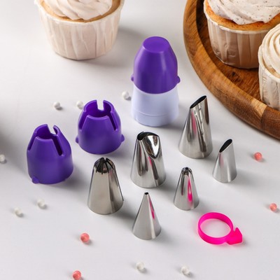 Набор кондитерский Доляна, 10 предметов: насадки 6 шт., адаптер с колпачком, 2 переходника, зажим для мешка