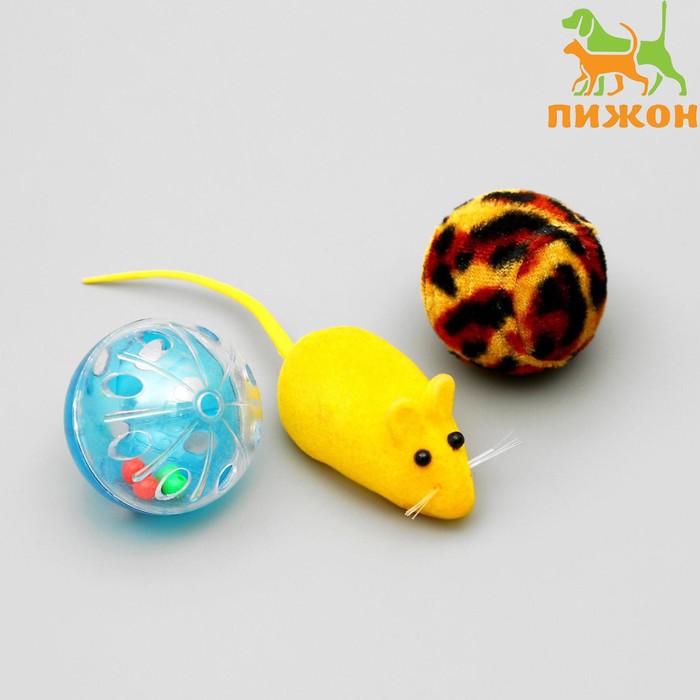 Набор игрушек для кошек: мышь 6 см и 2 шарика, микс цветов - Фото 1