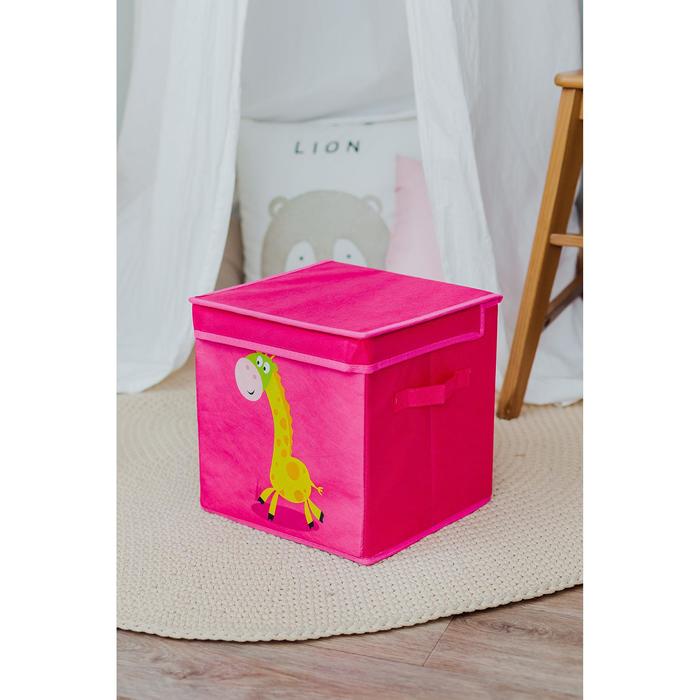 Короб стеллажный для хранения с крышкой «Жираф», 25×25×25 см, цвет розовый - фото 1884887010