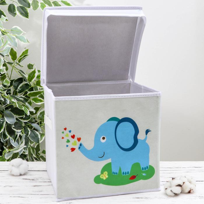 Короб стеллажный для хранения с крышкой «Слонёнок», 25×25×25 см, цвет серый - фото 1884887018