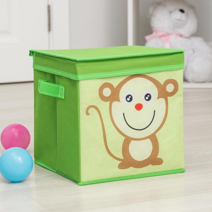 Короб стеллажный для хранения с крышкой «Обезьянка», 25×25×25 см, цвет зелёный - Фото 1