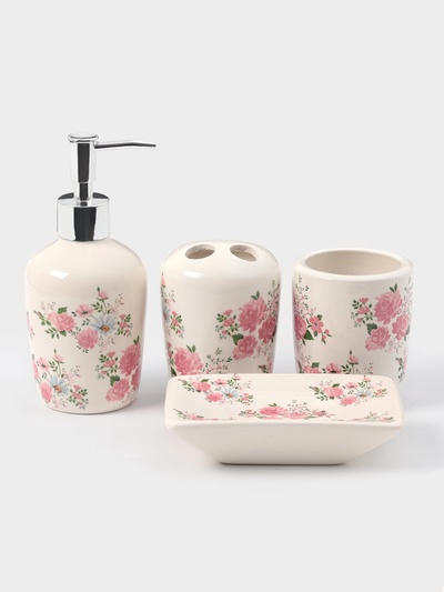 Аксессуары для ванной «Розовые розы», 4 предмета, дозатор 300 мл, мыльница, 2 стакана, белые