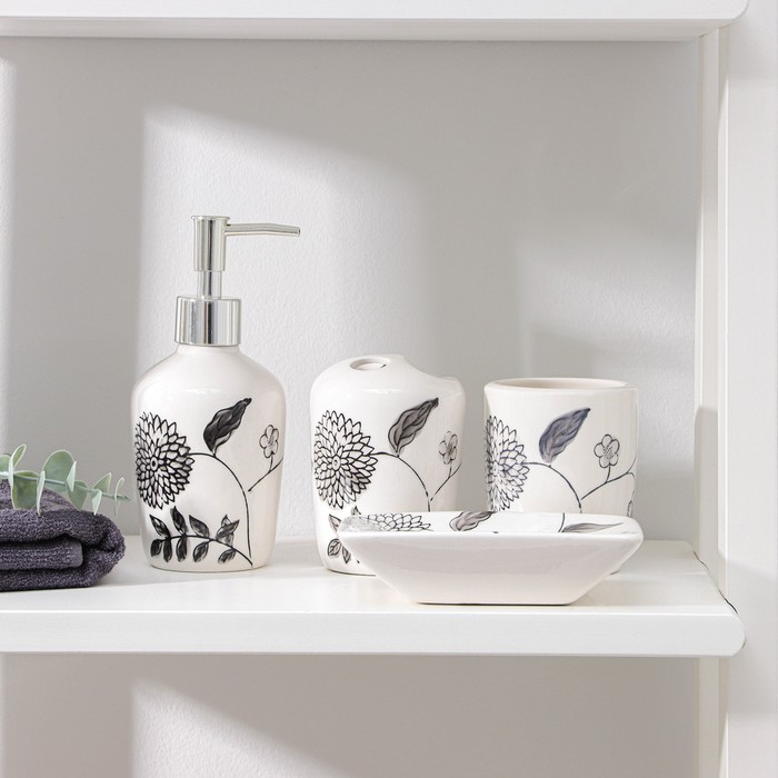 Набор аксессуаров для ванной комнаты «Герберы», 4 предмета (дозатор 300 мл, мыльница, 2 стакана 310 мл), цвет белый - Фото 1
