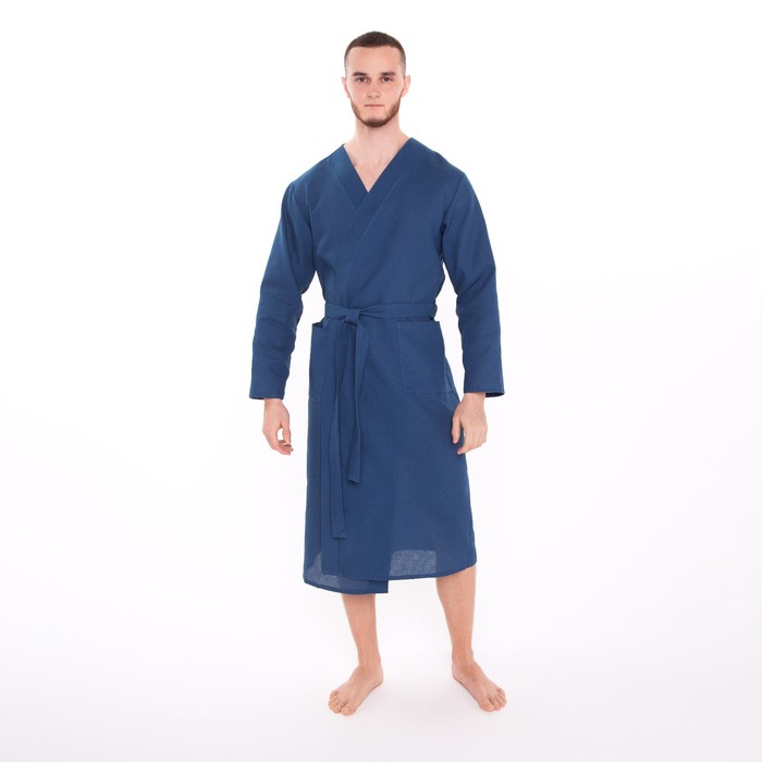 Халат вафельный запашной мужской, размер 52, хлопок 100%, синий - Фото 1