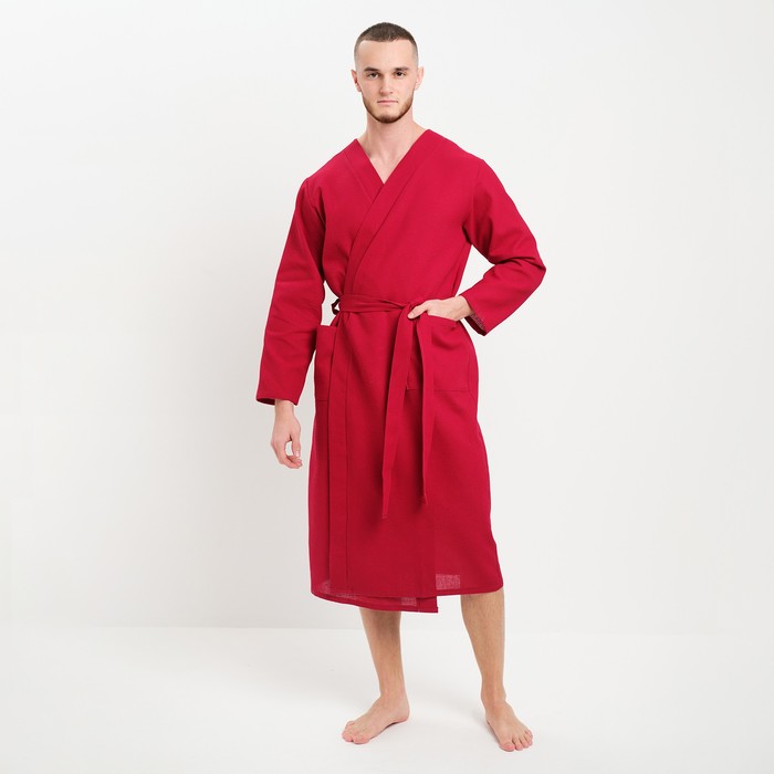 Халат мужской вафельный запашной, вишня, размер 54, 160 г/м² - Фото 1