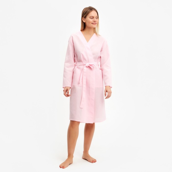 Халат вафельный запашной женский, р-р 46, 160 г/м, 100% хлопок, розовый - Фото 1