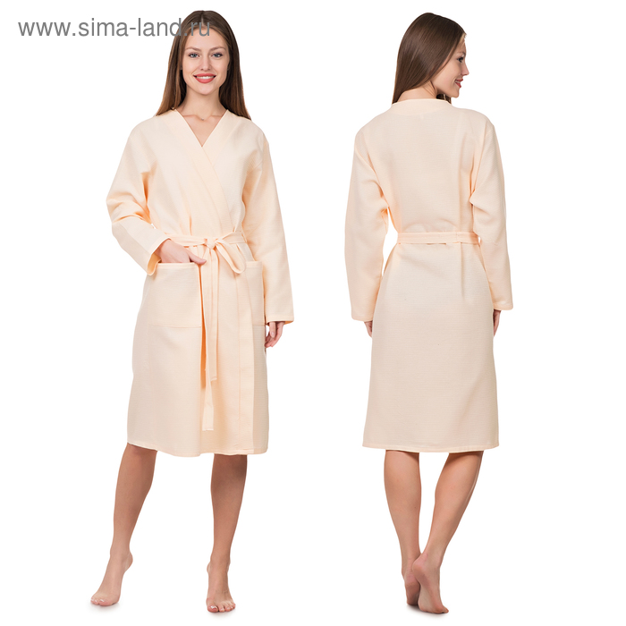 Халат вафельный запашной женский, размер 50, хлопок 100%, персиковый - Фото 1