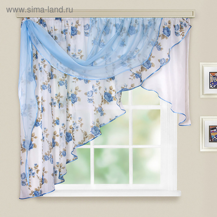 Комплект штор для кухни Иллюзия 300х150 см, голубой, левая, 100% п/э - Фото 1