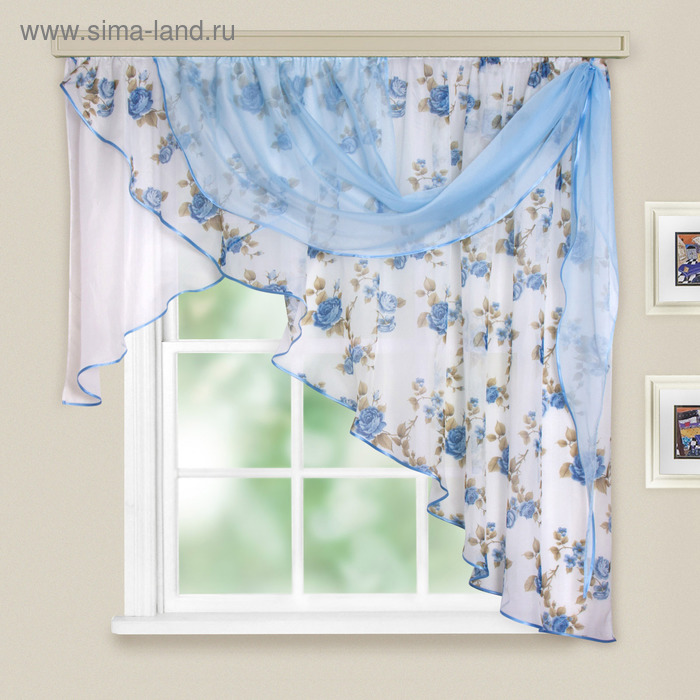 Комплект штор для кухни Иллюзия 300х150 см, голубой, правая, 100% п/э - Фото 1