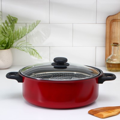 Кастрюля «Ренард», 4 л, с крышкой, сетка фри 26×9 см, антипригарное покрытие, углеродистая сталь, красная