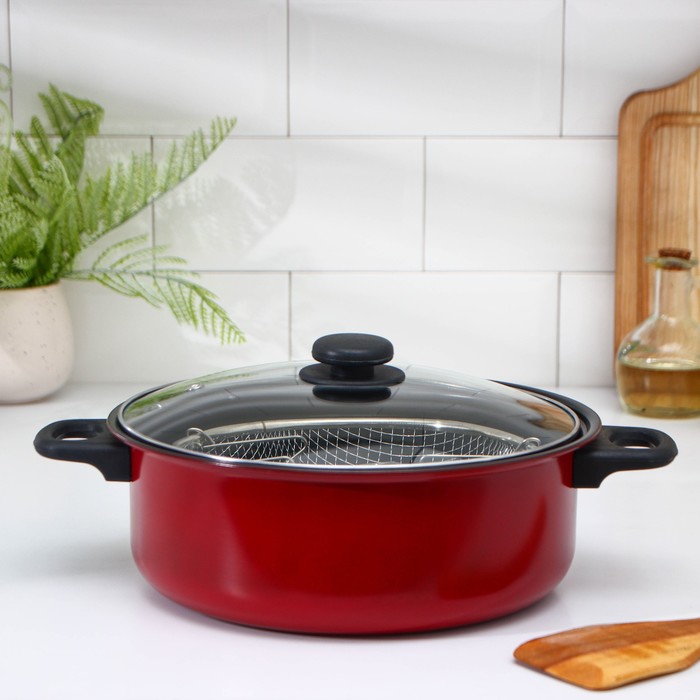 Кастрюля «Ренард», 4 л, с крышкой, сетка фри 26×9 см, антипригарное покрытие, углеродистая сталь, красная - Фото 1
