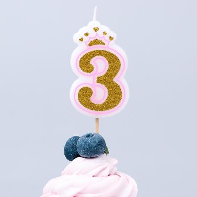Свеча в торт цифра Дисней 3, Принцессы, с короной, золотая