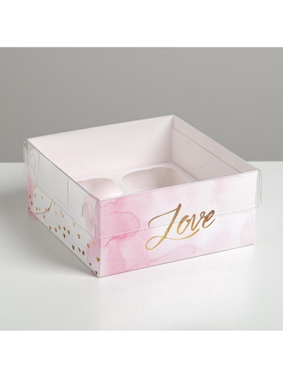Коробка для капкейков, кондитерская упаковка, 4 ячейки «Love», 16×16×7.5 см
